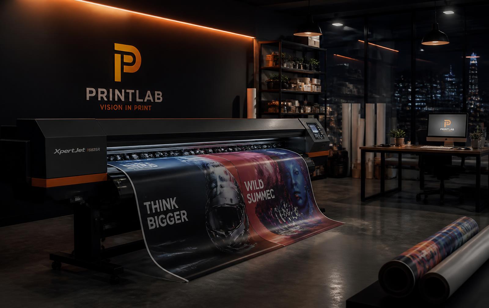Impressora de grande formato produzindo material gráfico