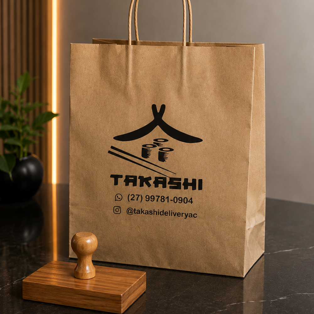 Sacola kraft personalizada e carimbo de madeira para delivery
